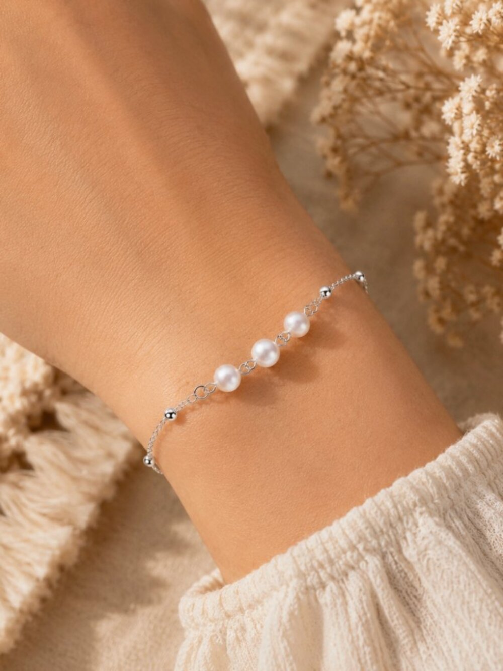 Dainty 925 Sterling Silver Bead & Pearl Bracelet